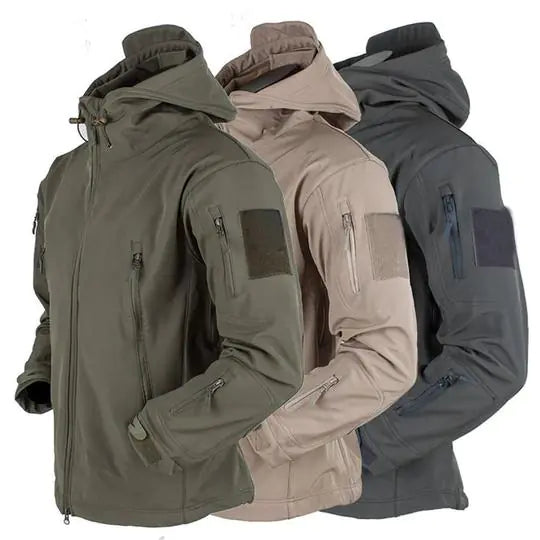 Men’s windproof soft shell hooded jackets in green, khaki, and grey - color lineup