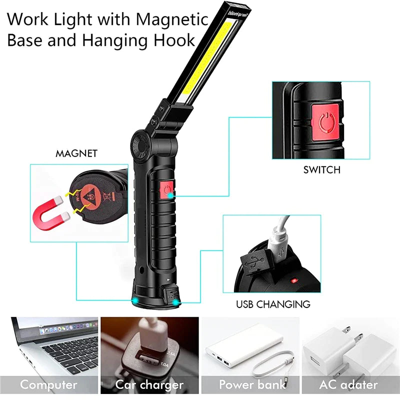 Rechargeable LED COB Work Light – Bright Mechanic Flashlight with Magnetic Base