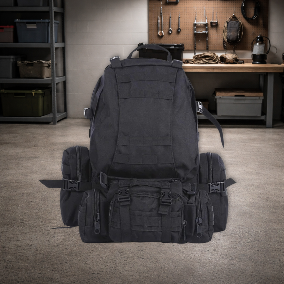 Black 50L tactical backpack with MOLLE system staged in a garage preparedness setting