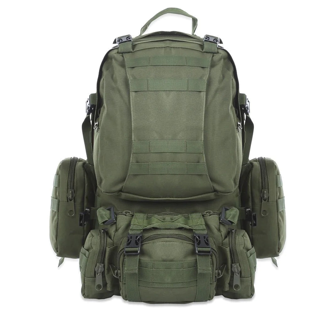 Army green 50L tactical waterproof backpack with MOLLE webbing and detachable modular pouches, front view.