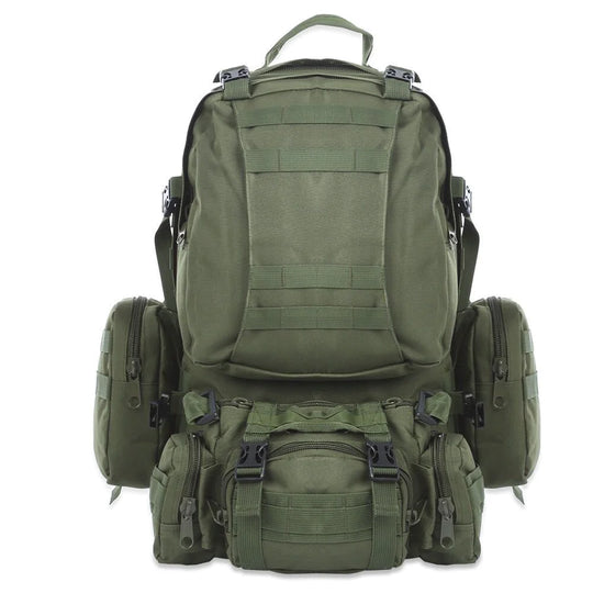 Army green 50L tactical waterproof backpack with MOLLE webbing and detachable modular pouches, front view.