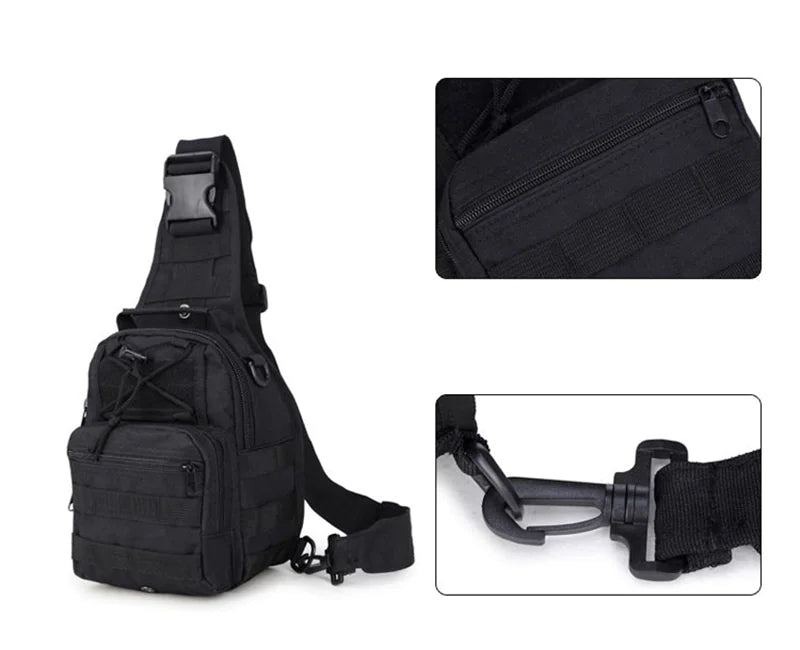Black tactical EDC sling pack shown at an angle with close-up images highlighting the front zipper pocket and durable swivel clip hardware.