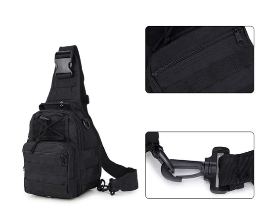Black tactical EDC sling pack shown at an angle with close-up images highlighting the front zipper pocket and durable swivel clip hardware.