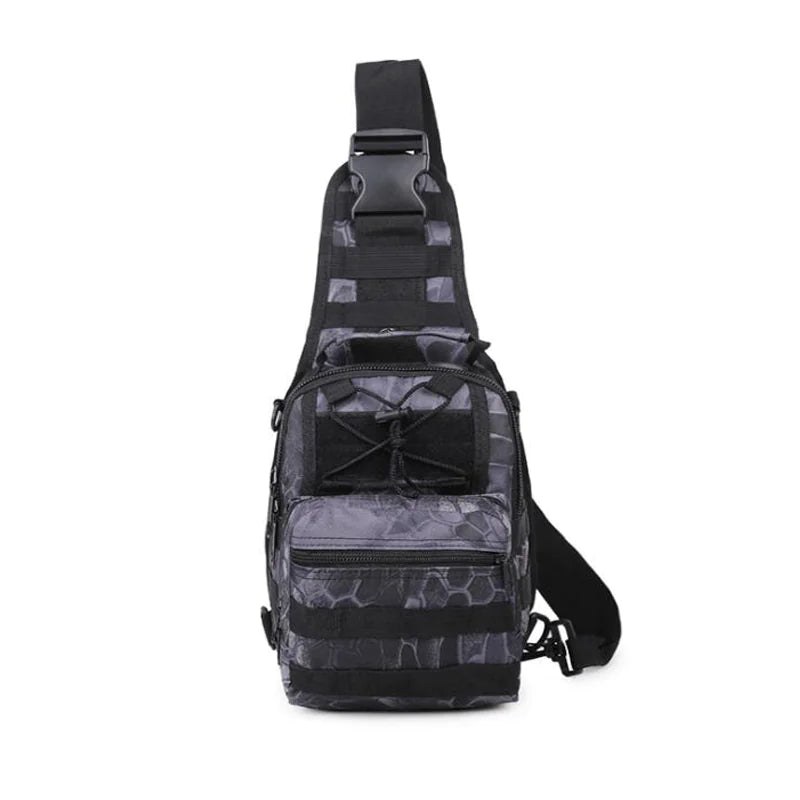 Front view of the Python Black tactical EDC sling pack with MOLLE webbing, front zippered pockets, and adjustable bungee cord system.