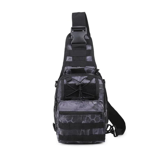 Front view of the Python Black tactical EDC sling pack with MOLLE webbing, front zippered pockets, and adjustable bungee cord system.