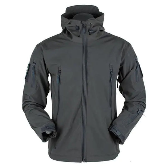 Men’s windproof hooded soft shell jacket in grey - front view