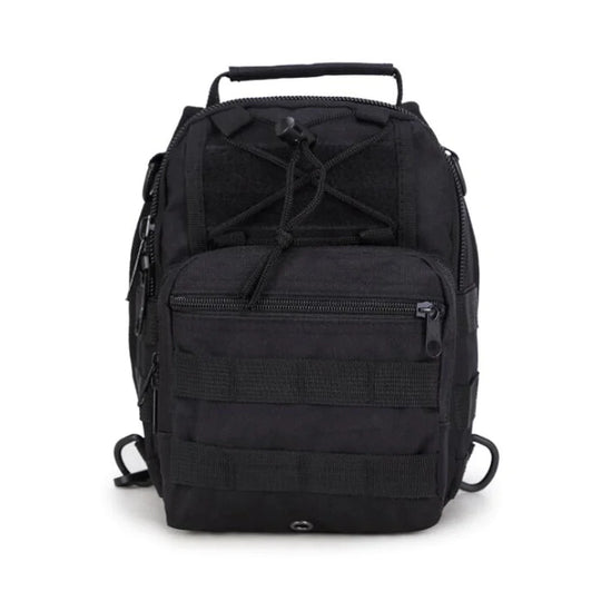 Front view of black tactical EDC sling pack showing MOLLE webbing, zippered compartments, and adjustable bungee cord system.