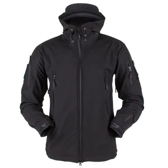 Men’s windproof soft shell outdoor jacket in black - front view