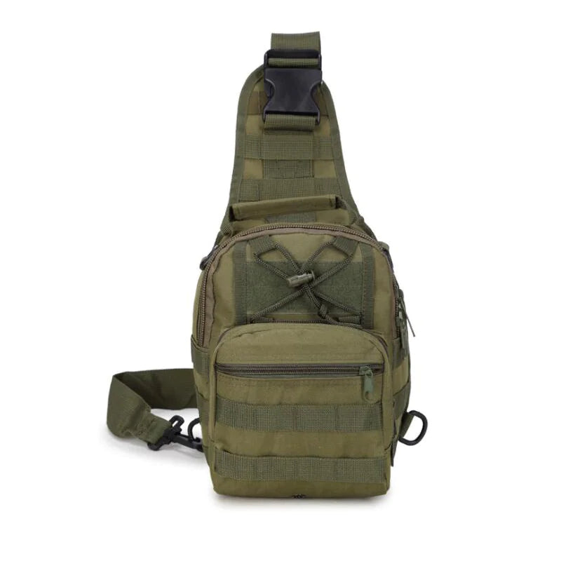 Front view of the Army Green tactical EDC sling pack with MOLLE webbing, front zip pocket, and adjustable bungee cord panel.