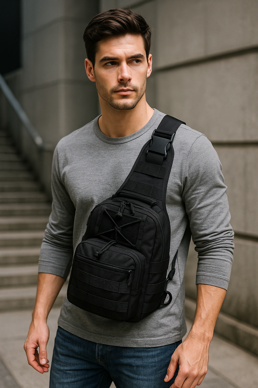 Man wearing black tactical sling pack across chest while walking in the city, showcasing everyday carry use.