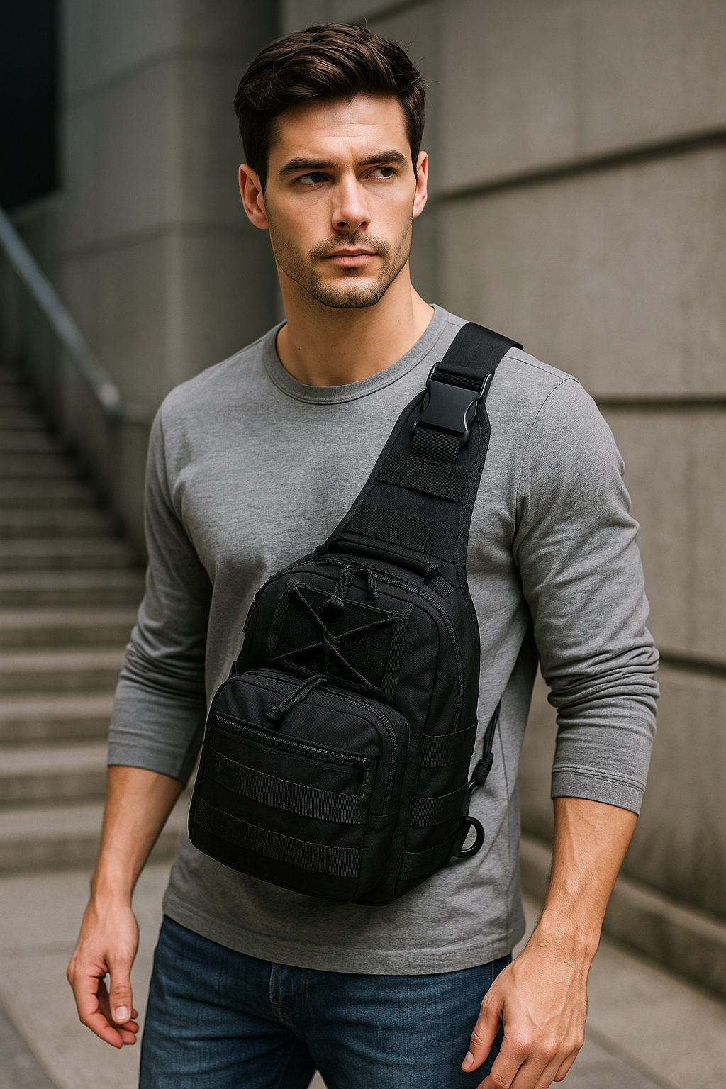 Man wearing black tactical sling pack across chest while walking in the city, showcasing everyday carry use.