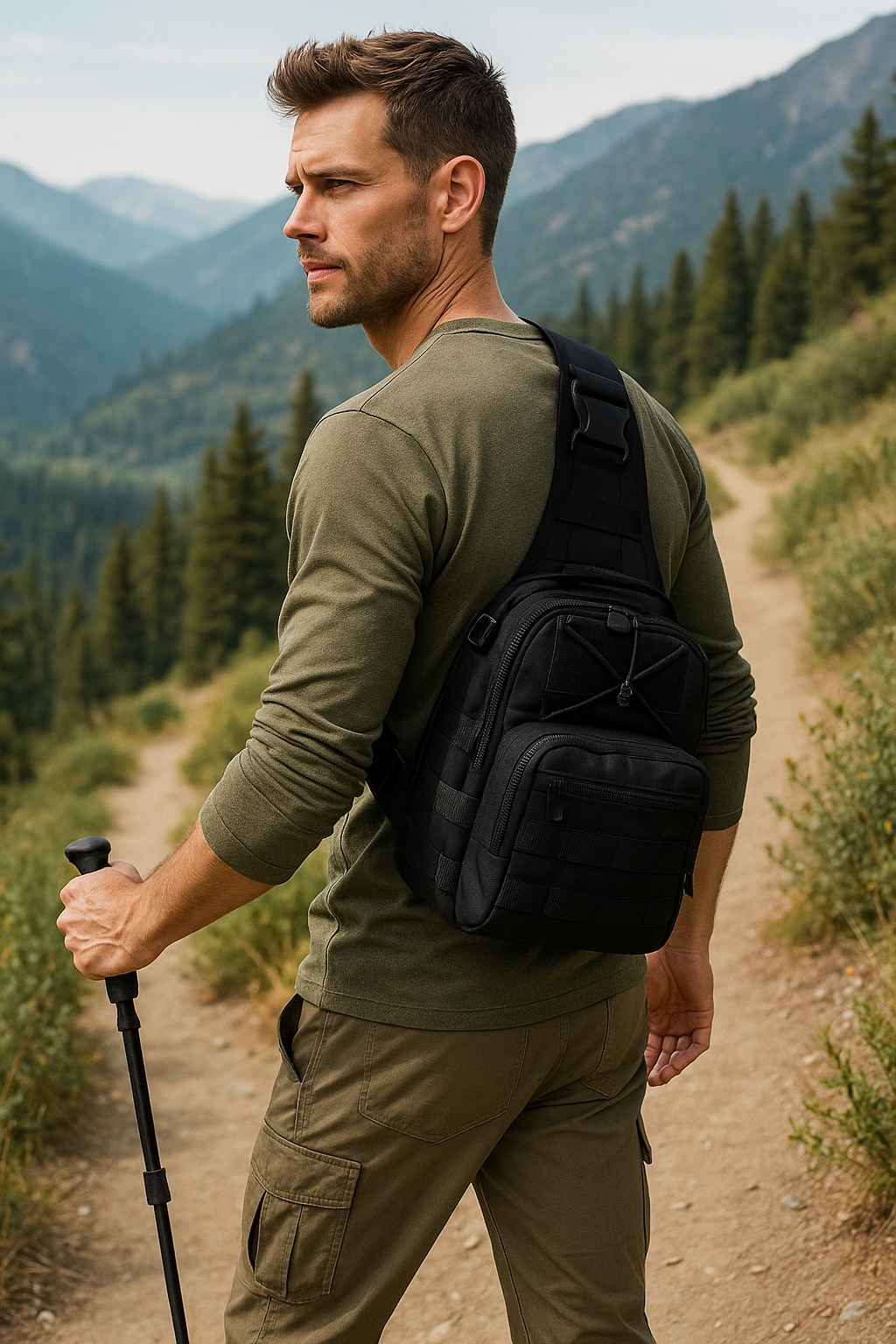 Hiker carrying black tactical sling pack on a mountain trail, demonstrating outdoor and hiking use.