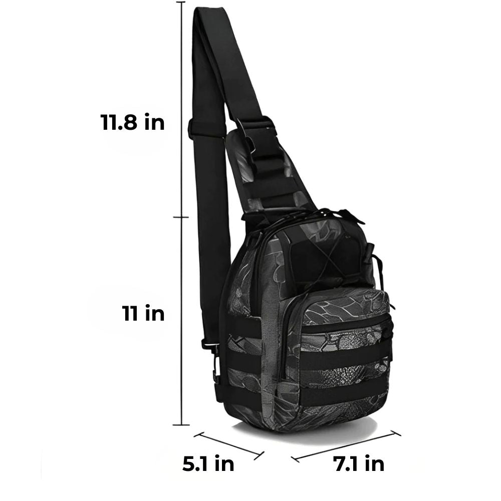 Side view of the Python Black tactical EDC sling pack with labeled dimensions: 11.8 in height strap area, 11 in bag height, 7.1 in width, and 5.1 in depth.