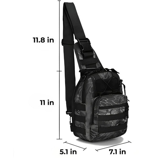 Side view of the Python Black tactical EDC sling pack with labeled dimensions: 11.8 in height strap area, 11 in bag height, 7.1 in width, and 5.1 in depth.