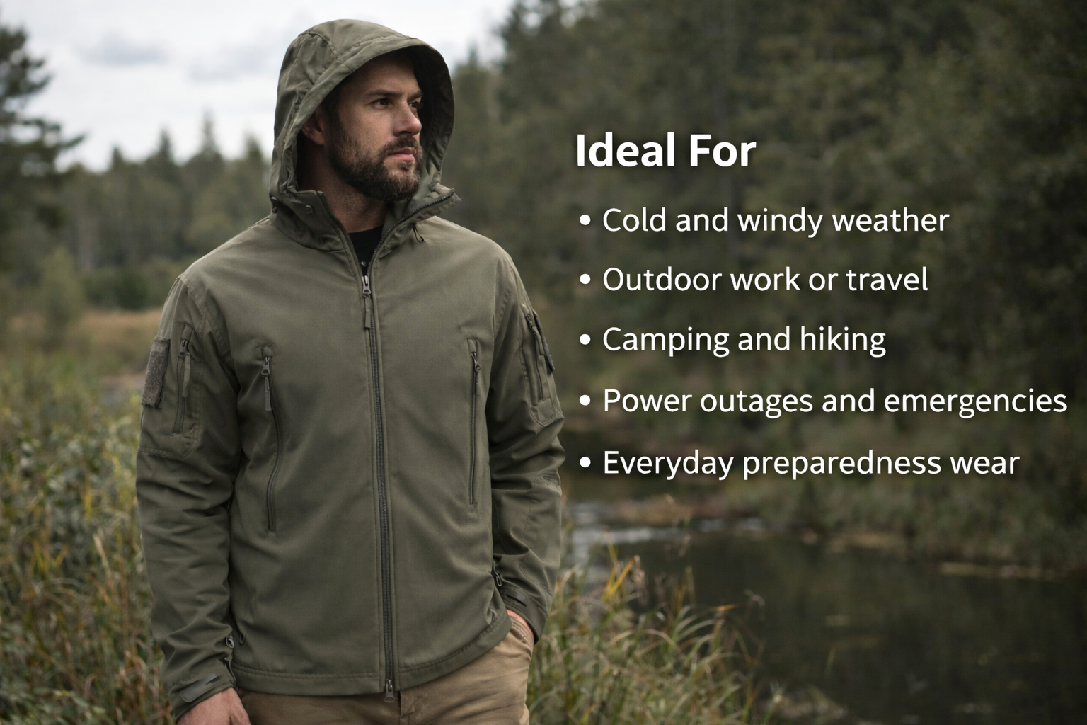 Man wearing men’s windproof hooded soft shell jacket outdoors in cool weather.