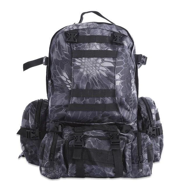 50L tactical waterproof outdoor backpack in black python camo pattern with MOLLE webbing, modular detachable pouches, and reinforced straps.