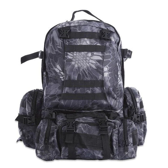 50L tactical waterproof outdoor backpack in black python camo pattern with MOLLE webbing, modular detachable pouches, and reinforced straps.