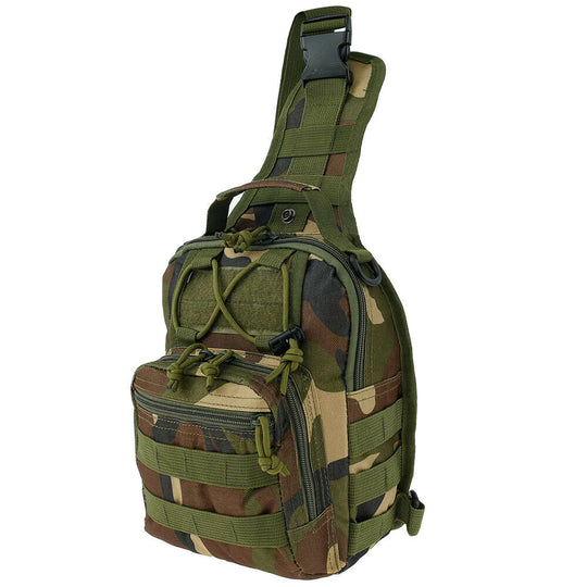 Angled side view of the Jungle Camo tactical EDC sling pack featuring MOLLE webbing, zippered compartments, and an adjustable shoulder strap.