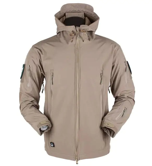 Men’s windproof soft shell outdoor jacket in khaki - front view