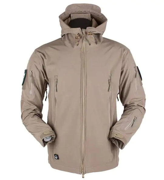 Men’s windproof soft shell outdoor jacket in khaki - front view