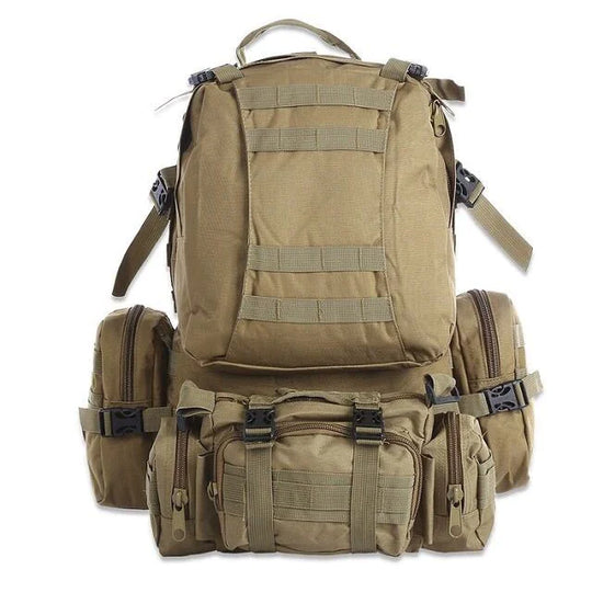 50L tactical waterproof outdoor backpack in coyote brown with MOLLE webbing, modular detachable pouches, and reinforced straps.