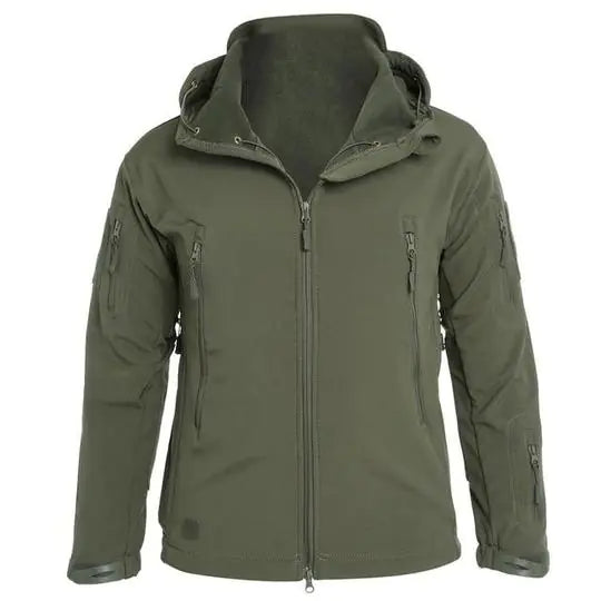 Men’s windproof soft shell hooded outdoor jacket in green - front view