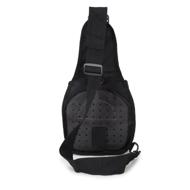 Back view of black tactical EDC sling pack showing breathable padded mesh panel and adjustable shoulder strap.