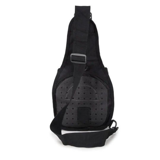 Back view of black tactical EDC sling pack showing breathable padded mesh panel and adjustable shoulder strap.