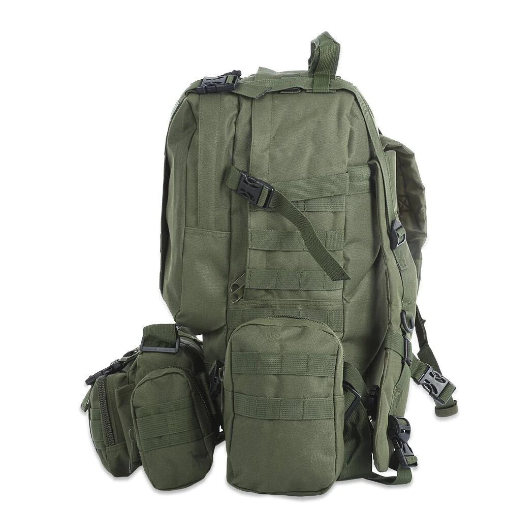 Side view of 50L tactical waterproof backpack in army green, showing MOLLE webbing and detachable modular pouches.
