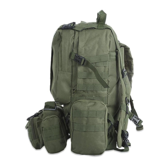 Side view of 50L tactical waterproof backpack in army green, showing MOLLE webbing and detachable modular pouches.