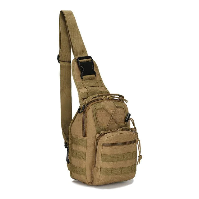 Angled side view of the Khaki tactical EDC sling pack showing the adjustable shoulder strap, MOLLE webbing, zippered compartments, and front organizer pocket.
