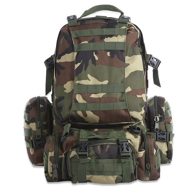 50L tactical waterproof outdoor backpack in woodland camouflage with MOLLE webbing, modular detachable pouches, and reinforced straps.