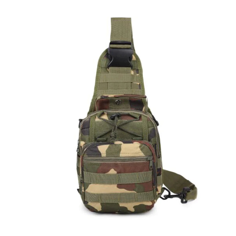 Front view of the Jungle Camo tactical EDC sling pack with MOLLE webbing, front zippered compartments, and adjustable bungee cord system.