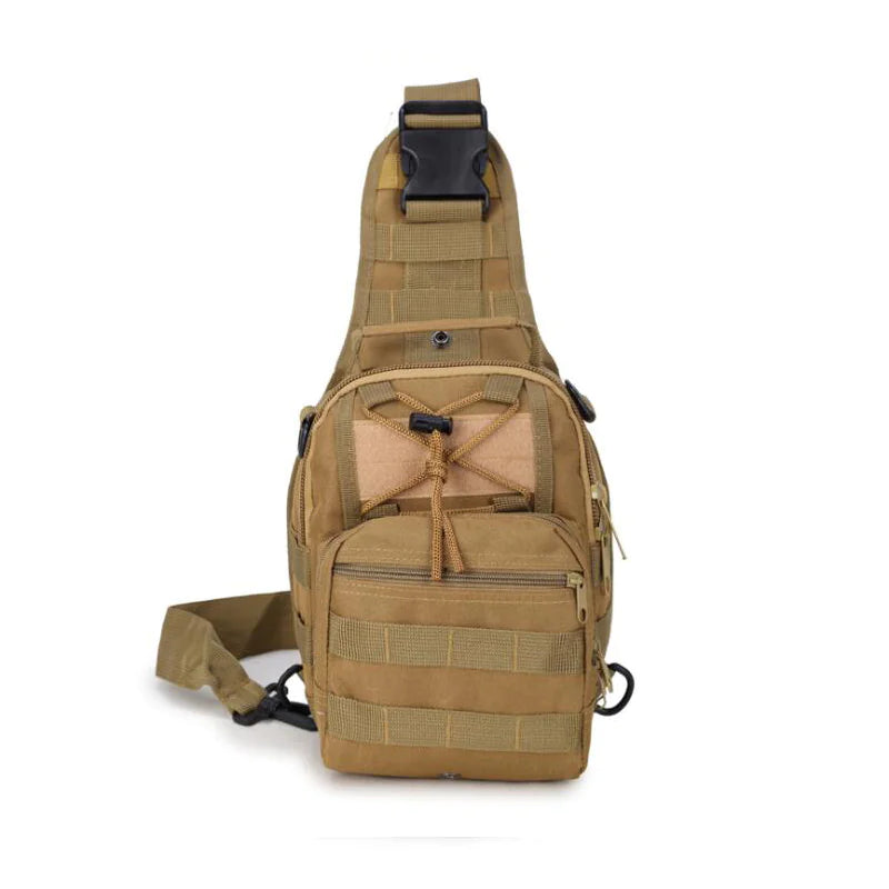 Front view of the Khaki tactical EDC sling pack with MOLLE webbing, zippered compartments, and adjustable bungee cord system.