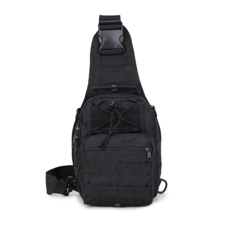 Black tactical EDC sling pack with 1000D nylon, MOLLE webbing, and front zip pockets.