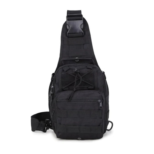 Black tactical EDC sling pack with 1000D nylon, MOLLE webbing, and front zip pockets.