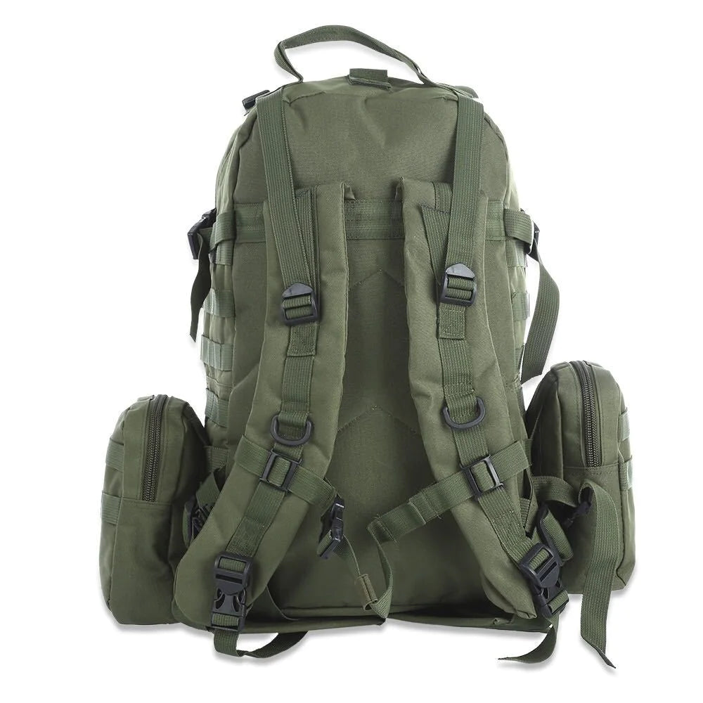 Back view of 50L tactical waterproof outdoor backpack in army green, displaying padded straps, support system, and attached MOLLE pouches.