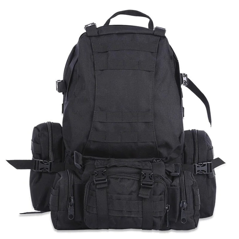 50L tactical waterproof outdoor backpack in black with MOLLE webbing, modular detachable pouches, and reinforced straps.