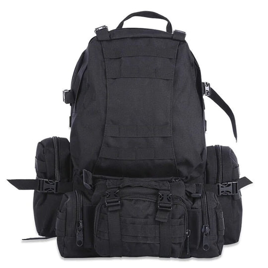 50L tactical waterproof outdoor backpack in black with MOLLE webbing, modular detachable pouches, and reinforced straps.