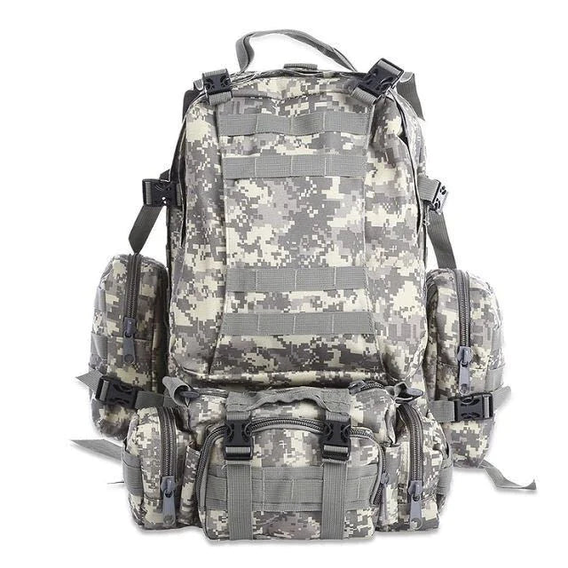 50L tactical waterproof outdoor backpack in ACU digital camouflage with MOLLE webbing, modular detachable pouches, and reinforced straps.