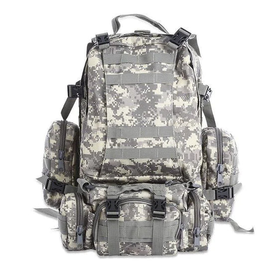 50L tactical waterproof outdoor backpack in ACU digital camouflage with MOLLE webbing, modular detachable pouches, and reinforced straps.