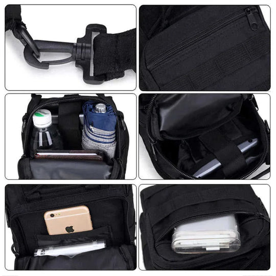 Collage showing the tactical sling pack’s features including quick-release clip, exterior zip pocket, internal compartments holding water bottle and gear, phone pocket, and organized mesh storage.